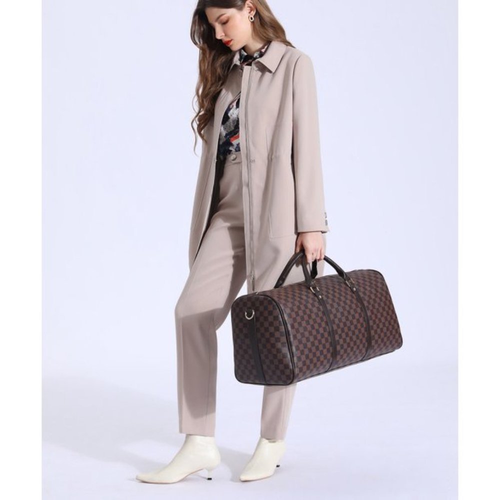 21" Brown Checkered Travel Duffel Bag Weekender Carry-on shoulder Luggage